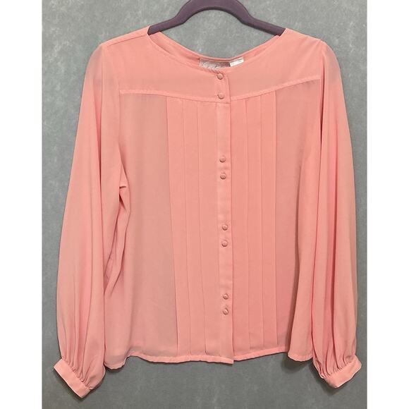 Chanteuse Woman’s Pink Long Sleeve Button Front Pleated Blouse Sz Med Semi Shear - Picture 5 of 9